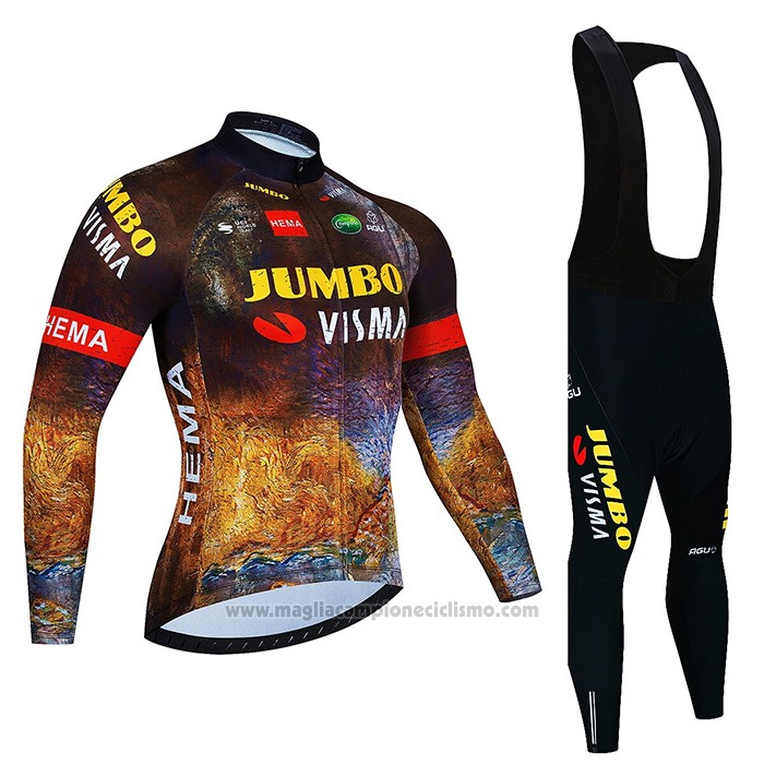 2022 Abbigliamento Ciclismo Jumbo Visma Nero Arancione Manica Lunga e Salopette